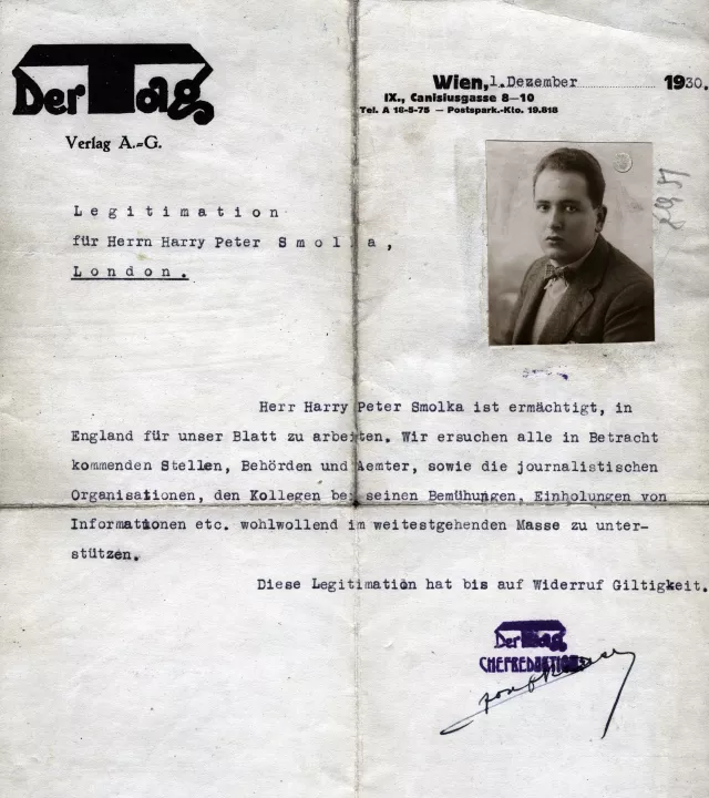 Peter Smolkas Legitimation, in England für die Zeitung 'Der Tag' zu arbeiten