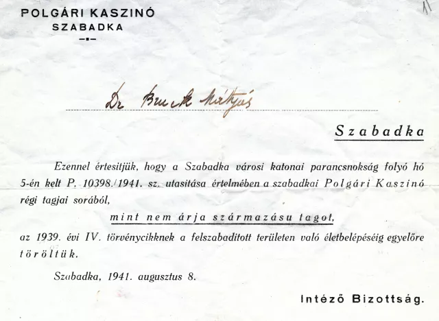 Notification of exclusion from the casino issued to Judita Sendrei's father, Matija Bruck