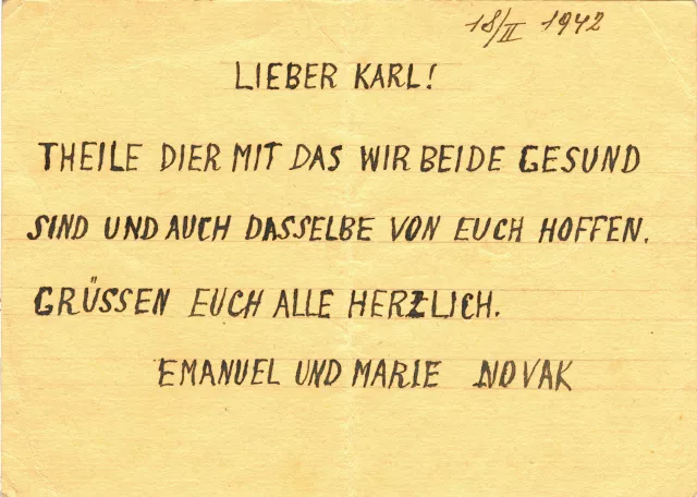 Postcard sent by Karel Rutar's grandparents to Theresienstadt (first side)