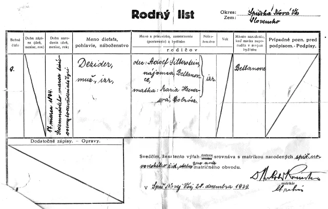 Dezider Sever's birth certificate