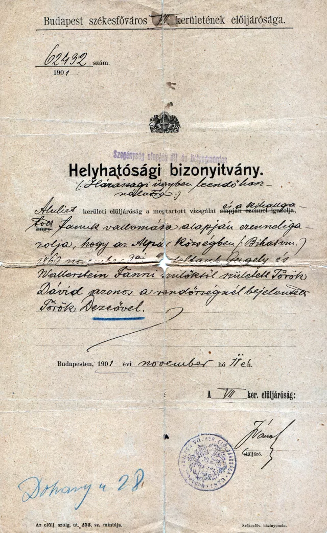 Török Dávid igazolása arról, hogy azonos Török Dezsõvel