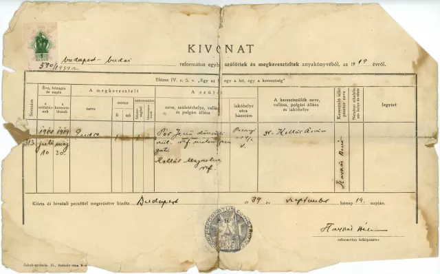 Pór Endre keresztlevelének hiteles másolata