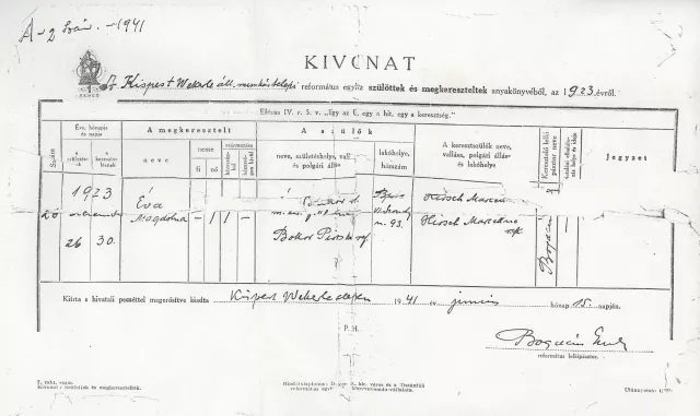 Pór Endréné antedatált keresztlevele