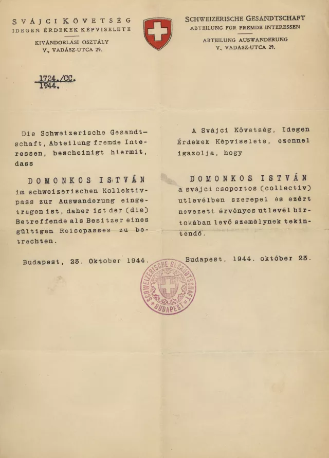 Istvan Domonkos's Swiss safe-conduct