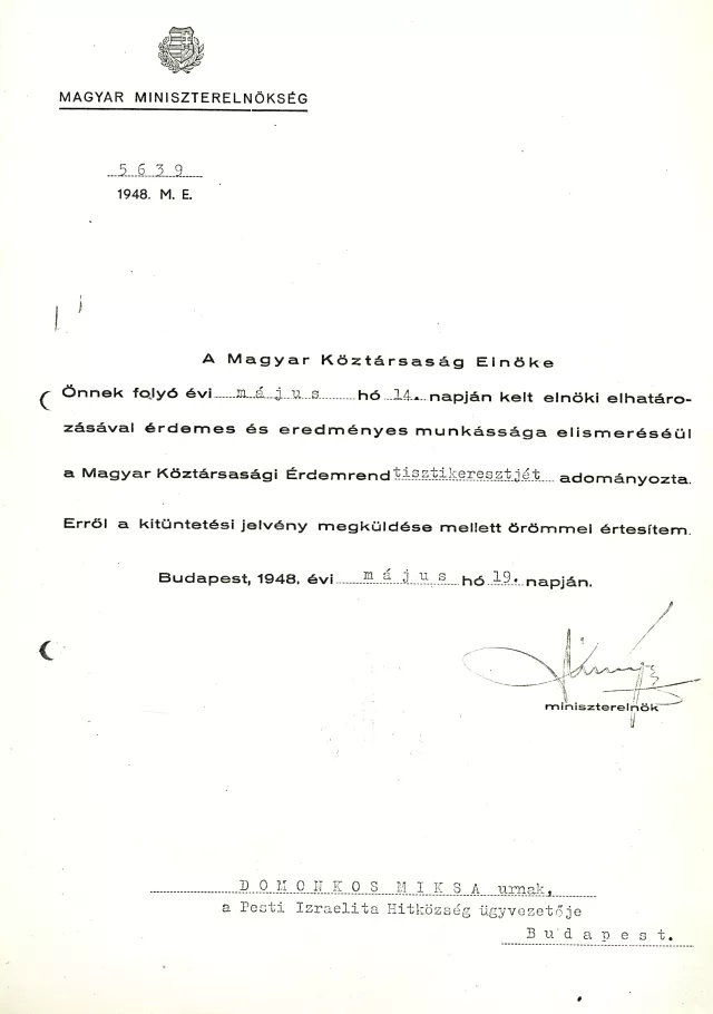 Notification of Miksa Domonkos's decoration