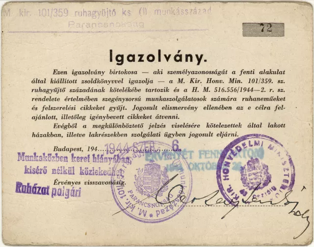 Istvan Domonkos's membership certificate of the Clothes-Collecting company