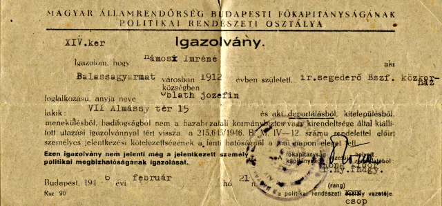 Deportation certificate of Piroska Hamos