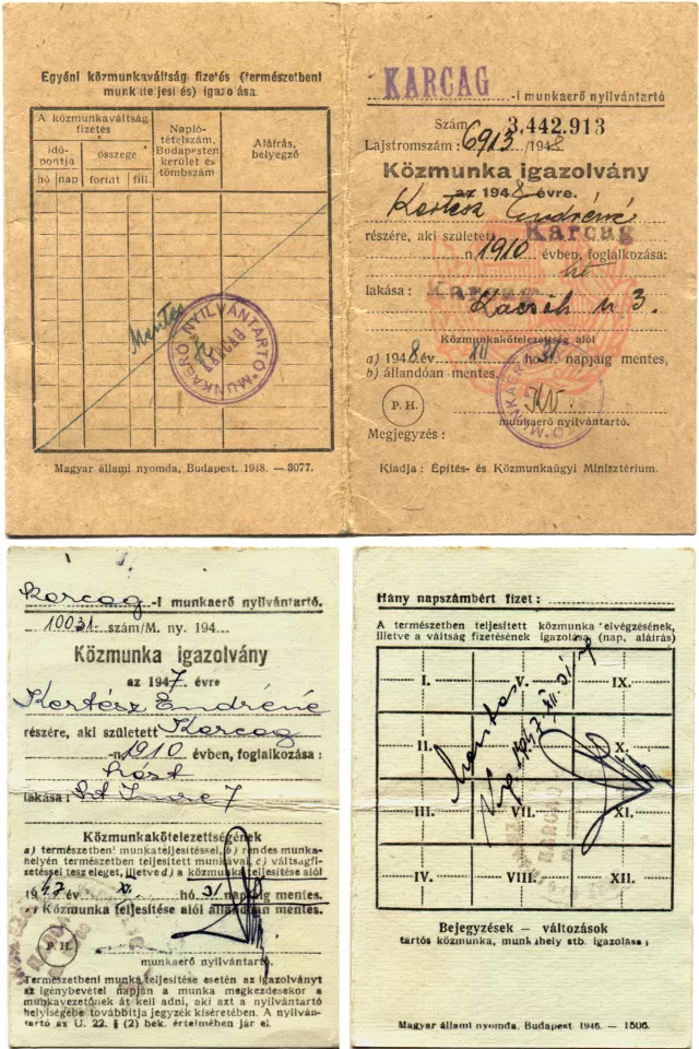 Kertész Endréné közmunka-igazolványai