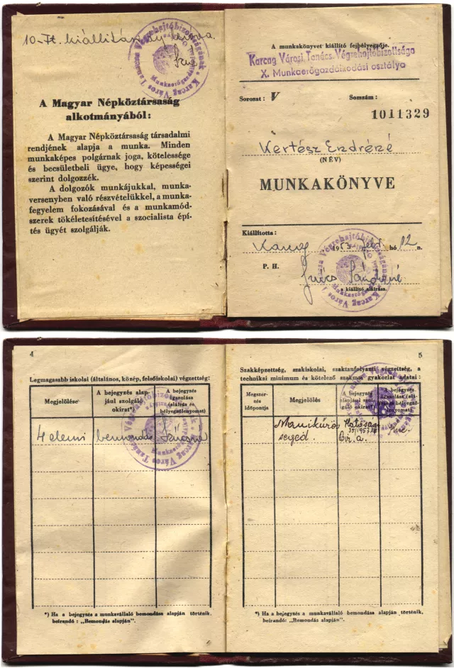 Kertész Endréné munkakönyve