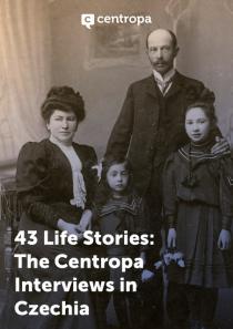 Publication cover from Centropa featuring a sepia-toned vintage studio portrait of a family from the early 20th century, including a mother, father, and two young daughters in formal attire. The title text at the bottom reads "43 Life Stories: The Centropa Interviews in Czechia". The white Centropa logo is at the top.