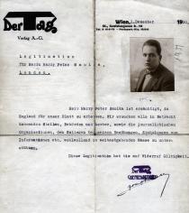 Peter Smolkas Legitimation, in England für die Zeitung 'Der Tag' zu arbeiten