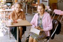 Katharina Stecklmacher with a friend in a café in Tel Aviv