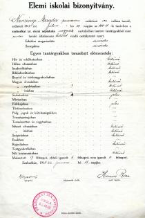 Judita Sendrei's mother, Magda Nemenyi's elementary school diploma