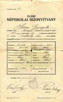 Polgár Ferencné elemi iskolai bizonyítványa