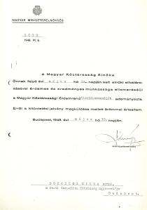 Notification of Miksa Domonkos's decoration
