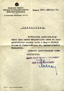 Travel pass of Imre Hamos