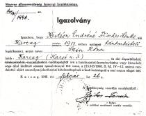 Kertész Endréné 'Igazolvány'-a arról, hogy hazatért a deportálásból