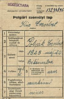 Személyi lap Kis Erzsébet nevére